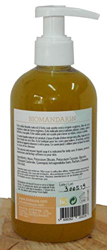 BIOMANDARINA Gel de ducha artesanal muy suave con aceite de oliva virgen extra, 300 ml, perfumado con aceite esencial de mandarina verde. Vegano, sin SLS o SLES