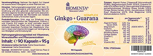 BIOMENTA Ginkgo + Guarana Complex - vegano - con 300 mg de DHA (omega-3), guaraná (cafeína), rodiola, ginkgo biloba, vitamina C, magnesio, hierro, zinc, vitamina B12 - 90 cápsulas de ginkgo guaraná