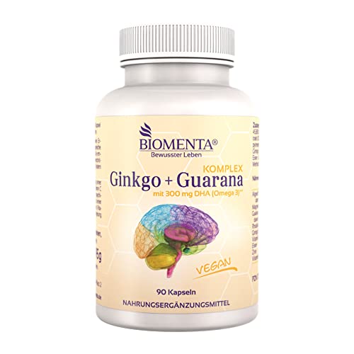 BIOMENTA Ginkgo + Guarana Complex - vegano - con 300 mg de DHA (omega-3), guaraná (cafeína), rodiola, ginkgo biloba, vitamina C, magnesio, hierro, zinc, vitamina B12 - 90 cápsulas de ginkgo guaraná