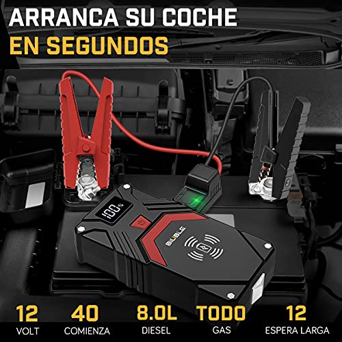 BIUBLE Arrancador de Coches, 2500A 24000mAh Arrancador de Baterias de Coche 12 V con Cargador Inalámbrico de 10W(para Todo vehículo de Gasolina o 8.0L de Diesel), Linterna LED, Pantalla