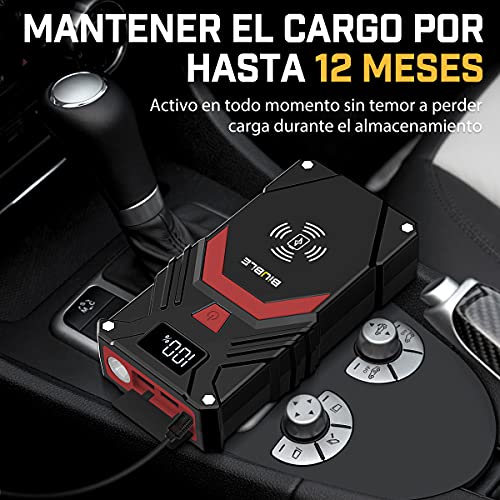 BIUBLE Arrancador de Coches, 2500A 24000mAh Arrancador de Baterias de Coche 12 V con Cargador Inalámbrico de 10W(para Todo vehículo de Gasolina o 8.0L de Diesel), Linterna LED, Pantalla