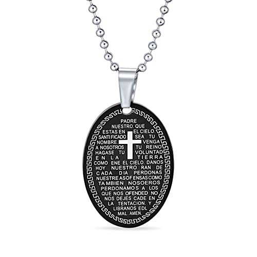 Bling Jewelry Protección Personalizada de Grabado Religioso El Padre Maestro Nuestra Oración Colgante Ovalado Collar para Hombres Negro Plata Acero Inoxidable