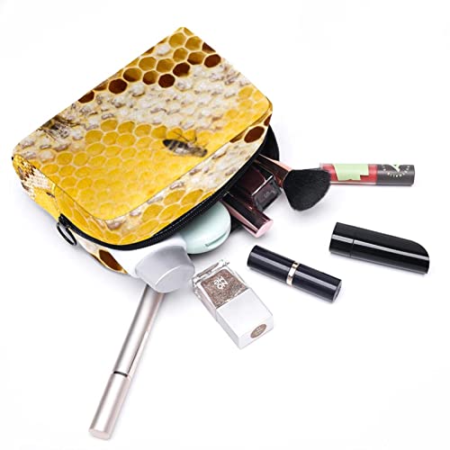 Bolsa de maquillaje de nido de abeja con abejas para bolso de viaje Neceser organizador cosmético portátil versátil con cremallera para mujeres y niñas