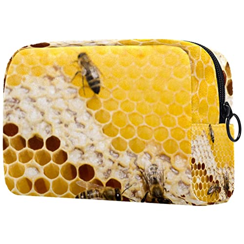 Bolsa de maquillaje de nido de abeja con abejas para bolso de viaje Neceser organizador cosmético portátil versátil con cremallera para mujeres y niñas