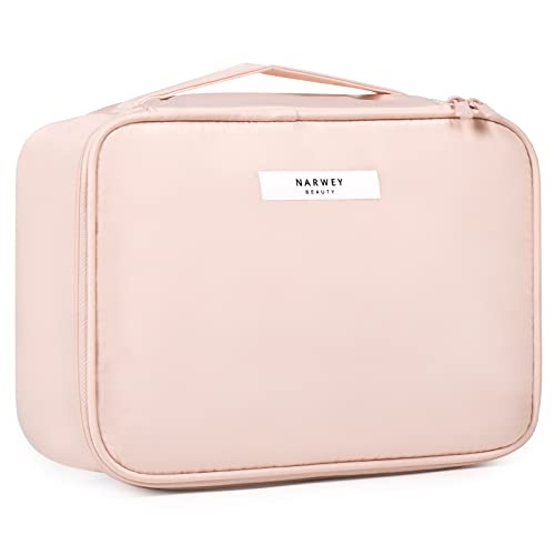 Bolsa de maquillaje de viaje, bolsa de cosméticos grande, organizador de maquillaje para mujeres y niñas, A-rosa suave