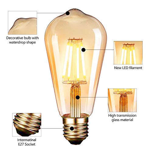 Bombilla LED E27, Edison Vintage Bombilla Cálido 4W ST64 2600-2700K 400LM Bombilla Retro Decorativa Ambar Cálido Blanco Bombillas Incandescentes - 6 Unidades