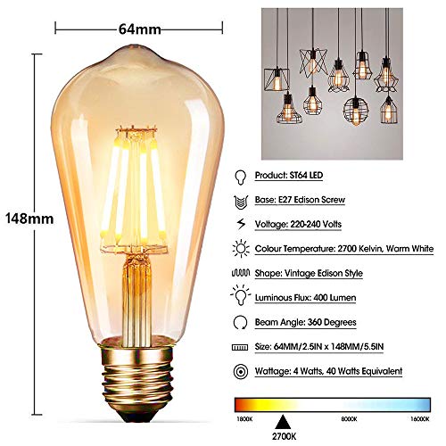 Bombilla LED E27, Edison Vintage Bombilla Cálido 4W ST64 2600-2700K 400LM Bombilla Retro Decorativa Ambar Cálido Blanco Bombillas Incandescentes - 6 Unidades