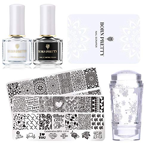 Born Pretty Nail Stamping Imagen Set-2pcs plantilla negro blanco estampado de uñas con 1pc Jelly claro estampador