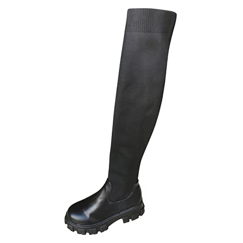 Botas Altas Mujer Elásticas Elegante Encima de Sobre la Rodilla Botas Altas con Tacón Cuadrado Moda Punta Redonda Tacón Grueso y Bajo Zapatos Planos de Cuero Sintético Quirúrgicos para Montar