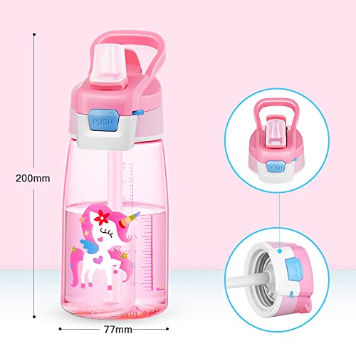 Botella de Agua 480ml para Niño, Botella con Pajita, a prueba de Fugas, sin BPA, (Unicornio, Rosa)