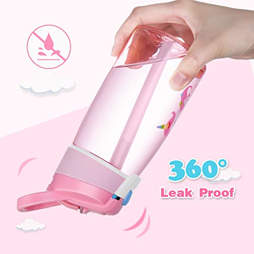 Botella de Agua 480ml para Niño, Botella con Pajita, a prueba de Fugas, sin BPA, (Unicornio, Rosa)