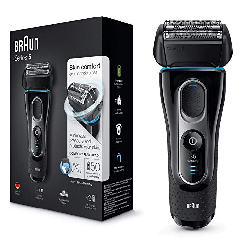 Braun Series 5 Afeitadora Eléctrica Hombre, Máquina de Afeitar Barba con Recortadora de Precisión Extraíble para Uso en Seco y en Mojado, Recargable, Inalámbrica, 5147 S, Negro/Azul/Cromo