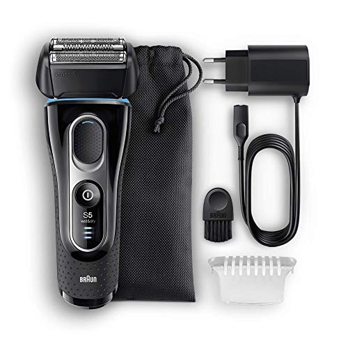 Braun Series 5 Afeitadora Eléctrica Hombre, Máquina de Afeitar Barba con Recortadora de Precisión Extraíble para Uso en Seco y en Mojado, Recargable, Inalámbrica, 5147 S, Negro/Azul/Cromo