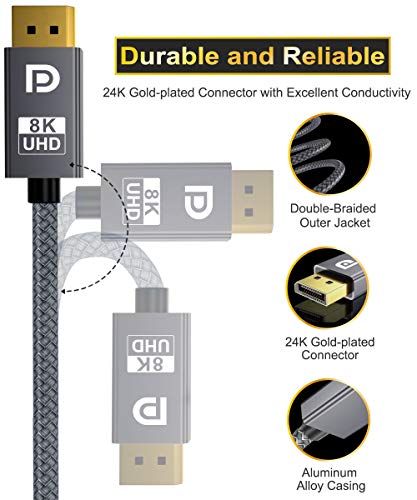 Cable DisplayPort 8K 60Hz 3 Metros 2-Pack,Conector DP 1.4 Macho a Macho para PC,TV,Monitor de Juegos, Compatible con HBR3 de 32.4 Gbps Ultra HD,4K@144Hz,2K@165Hz,1080P@240Hz M (Compatible DP 1.2)