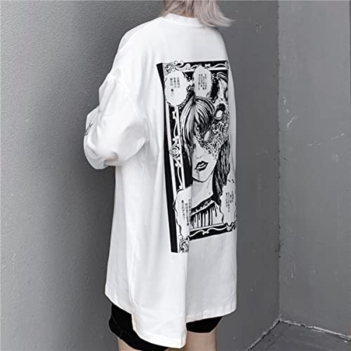 Camiseta con gráfico de Terror de Dibujos Animados góticos, Camiseta Holgada de Estilo Punk japonés con Estampado de Personajes para Mujer, Camisetas de Calle Harajuku (Blanco, XL)