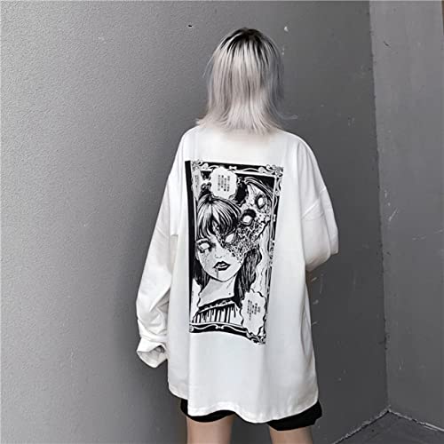 Camiseta con gráfico de Terror de Dibujos Animados góticos, Camiseta Holgada de Estilo Punk japonés con Estampado de Personajes para Mujer, Camisetas de Calle Harajuku (Blanco, XL)