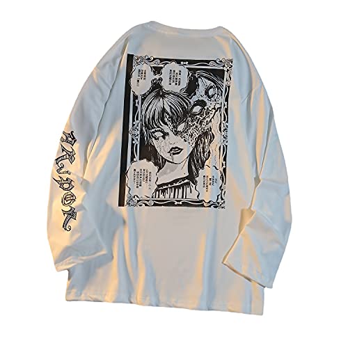 Camiseta con gráfico de Terror de Dibujos Animados góticos, Camiseta Holgada de Estilo Punk japonés con Estampado de Personajes para Mujer, Camisetas de Calle Harajuku (Blanco, XL)