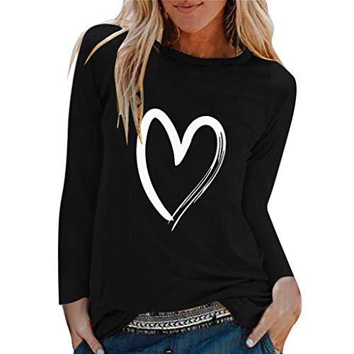 Camiseta Manga Larga Mujer riou Mujeres Elegantes Blusas Primavera con Estampado De Corazones Tops Casuales Original Fiesta T-Shirt Cuello Redondo Basica Camisa