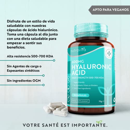 Cápsulas de ácido hialurónico - Suministro de 3 meses de cápsulas de ácido hialurónico de 600 mg - Dosis alta con 500-700 KDA - Sin OGM sin rellenos ni aglutinantes sintéticos - Nutravita