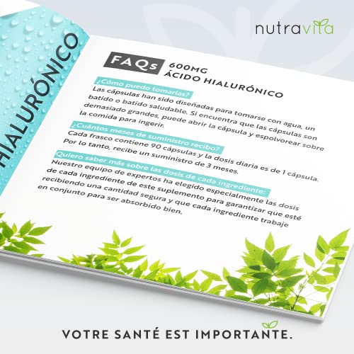 Cápsulas de ácido hialurónico - Suministro de 3 meses de cápsulas de ácido hialurónico de 600 mg - Dosis alta con 500-700 KDA - Sin OGM sin rellenos ni aglutinantes sintéticos - Nutravita