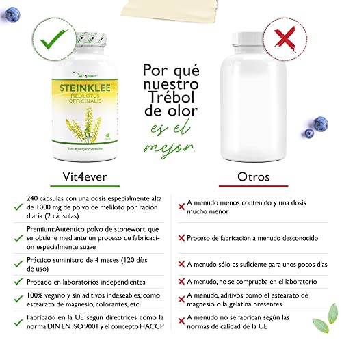 Cápsulas de Melilotus - 240 Cápsulas - Altamente Dosificadas con 1000mg de Polvo de Melilotus por porción diaria - Melilotus Officinalis Amarillo Verdadero - Vegano - Altamente Dosificado