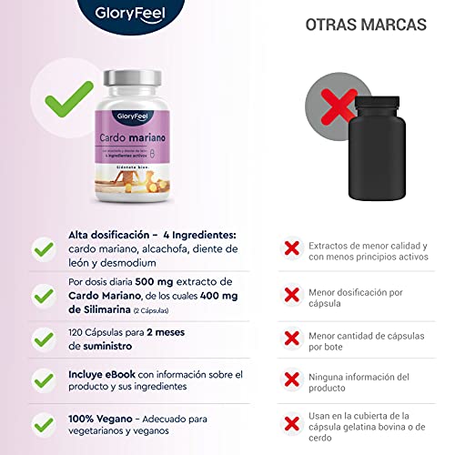 Cardo Mariano (500mg) con Alcachofa (400mg), Diente de León (150mg) y Desmodium (50mg) - Alta dosificación con 80% de Silimarina - Depurativos higado - Detox potente - Calidad Alemana