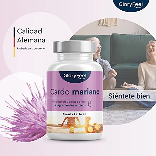 Cardo Mariano (500mg) con Alcachofa (400mg), Diente de León (150mg) y Desmodium (50mg) - Alta dosificación con 80% de Silimarina - Depurativos higado - Detox potente - Calidad Alemana