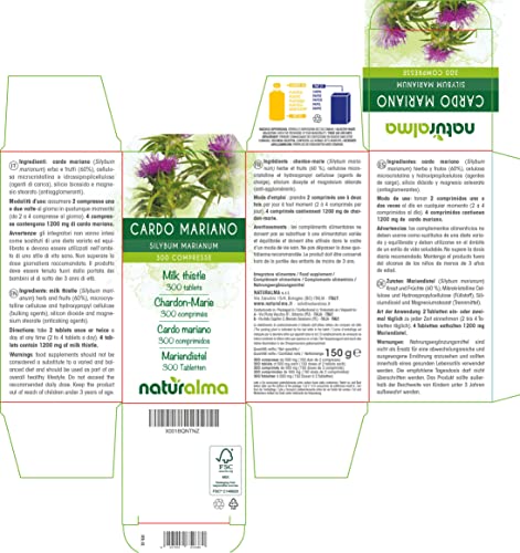 Cardo mariano (Silybum marianum) hierba y frutos NATURALMA | 150 g | 300 comprimidos de 500 mg | Complemento alimenticio | Natural y Vegano