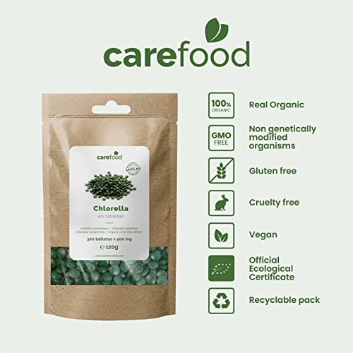 Carefood Chlorella Ecológica de pared celular rota, Vegano y libre de pesticidas y químicos, Superalimento 100% Chlorella Pyrenoidosa - 300 tabletas para 100 días |