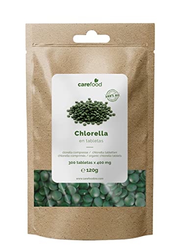 Carefood Chlorella Ecológica de pared celular rota, Vegano y libre de pesticidas y químicos, Superalimento 100% Chlorella Pyrenoidosa - 300 tabletas para 100 días |