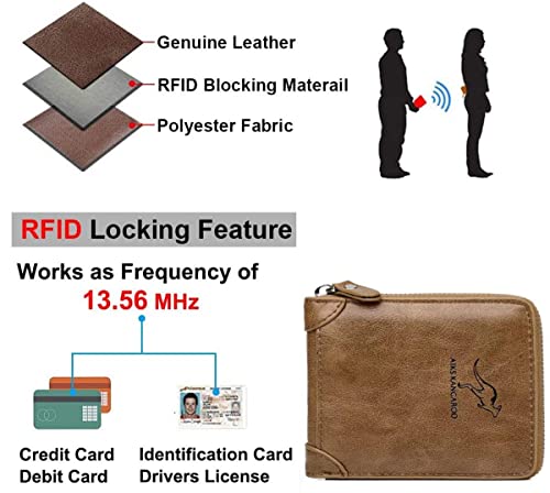 Carteras para Hombre , Piel Monedero con RFID Bloqueo ,Cartera de Tarjetas de Crédito con Cremallera， Tarjeteros para Tarjetas de Credito，6 Ranuras para Tarjetas de Crédito（Caqui）