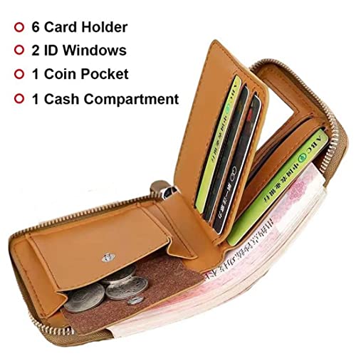 Carteras para Hombre , Piel Monedero con RFID Bloqueo ,Cartera de Tarjetas de Crédito con Cremallera， Tarjeteros para Tarjetas de Credito，6 Ranuras para Tarjetas de Crédito（Caqui）