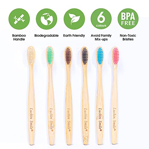 Cepillos de Dientes de Bambú, LuckinSmile Pack 12 Cepillo de Dientes en 6 Colores para Toda La Familia, Cepillo Dientes Fáciles Distinguir, Cepillo Dientes Bambu Ecológico, 100% Biodegradable,Sin BPA