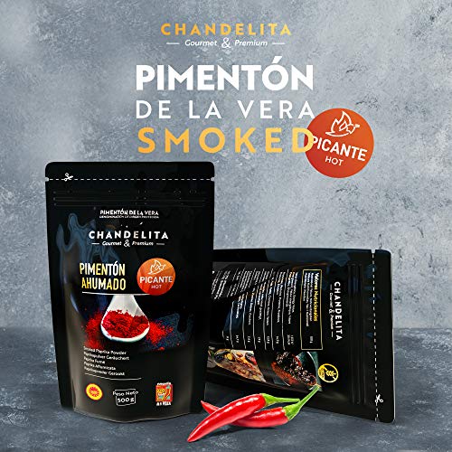 CHANDELITA Pimentón de la Vera Picante Ahumado en Polvo en Bolsa de 500gr con la Denominación de Origen Protegida - Especias y Condimentos. Gourmet & Premium - 100% pimenton