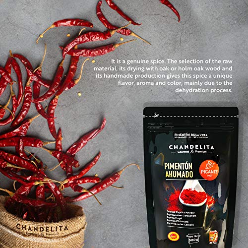 CHANDELITA Pimentón de la Vera Picante Ahumado en Polvo en Bolsa de 500gr con la Denominación de Origen Protegida - Especias y Condimentos. Gourmet & Premium - 100% pimenton