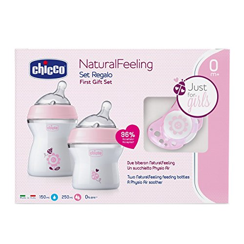 Chicco Naturalfeeling, Set de Regalo con 2 Biberones para Recién Nacido + Chupete 0 M+, Rosa