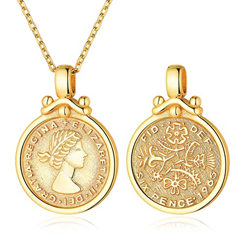 ChicSilver Moneda Redonda Letras Imagenes Grabados Oro Amarillo 18K Plata de Ley 925 Famosa Reina Elizabeth Isabel Inglaterra Collar Fina Elegante de Parejas