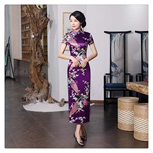 Chino Mujeres Cheongsam Qipao Señora Negro Estampado de Flores Vestido Largo Vestido de Novia Elegante Vestido (Color : Purple, Size : 3XL.)