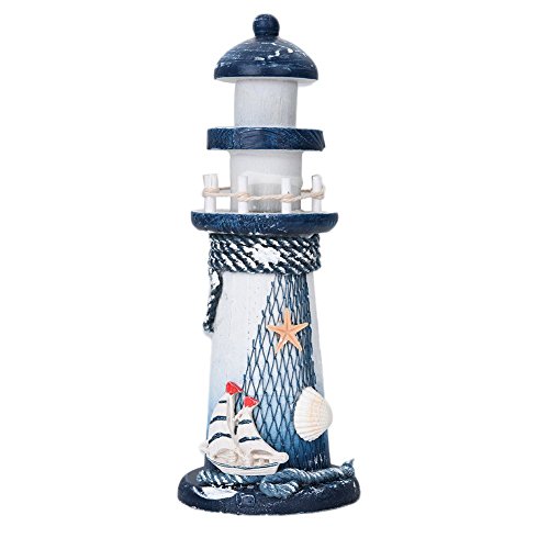 chytaii Faro Decoración Faro Resina Faro con Redes de Fischer Carcasa Deko Mediterráneo estilo casa decoración Velero Gaviota Weiß + Blau 2