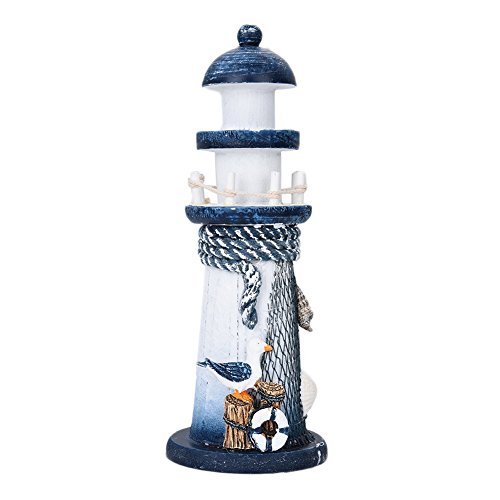 chytaii Faro Decoración Faro Resina Faro con Redes de Fischer Carcasa Deko Mediterráneo estilo casa decoración Velero Gaviota Weiß + Blau 2