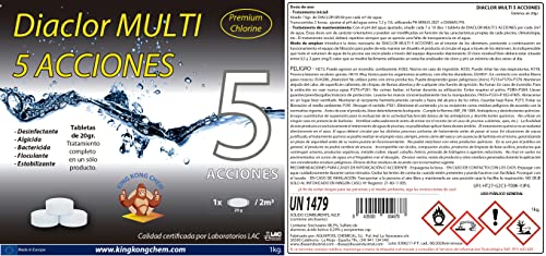 Cloro Piscinas Pequeñas DIACLOR Multi 5 ACCIONES 1 KG - 50 Pastillas de Cloro Lento (20 gr - 3 cm Diámetro) - Tratamiento Completo Multiacción - SIN Cobre - Nueva FÓRMULA 100% Segura