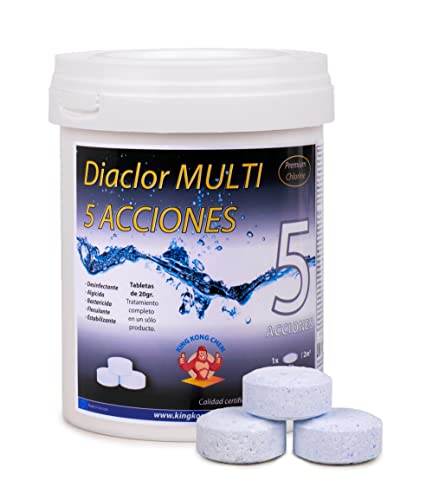 Cloro Piscinas Pequeñas DIACLOR Multi 5 ACCIONES 1 KG - 50 Pastillas de Cloro Lento (20 gr - 3 cm Diámetro) - Tratamiento Completo Multiacción - SIN Cobre - Nueva FÓRMULA 100% Segura