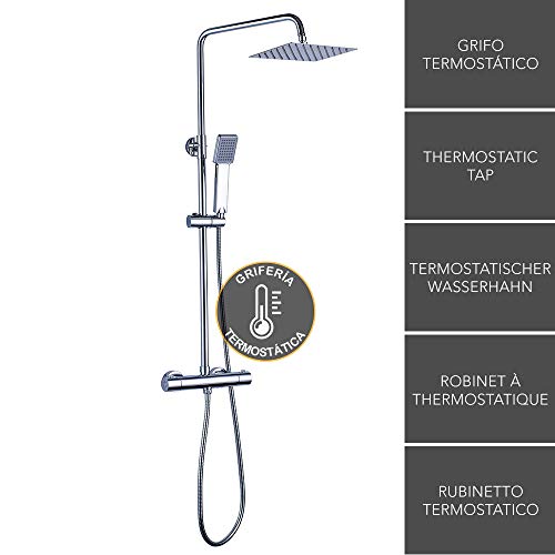 Columna de ducha MOL con grifo termostático y tubo redondo extensible de 80 a 120 cm. Rociador y ducha de mano cuadrados, acabados cromados. Repuestos originales