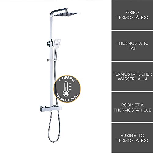 Columna de ducha termostática EXTRAPLANA de diseño cuadrado. Regulable en altura de 80 a 120cm, con grifo, rociador 20x20cm y mango de ducha cuadrados. Acabados cromo brillo. Repuestos garantizados