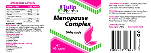 Complejo para la menopausia (cohosh negro, isoflavonas de soja 80% de extracto, PABA) 60 cápsulas, certificado de análisis de AGROLAB Alemania, alta potencia, sin rellenos ni sustancias de relleno