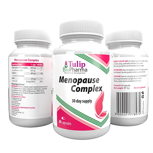 Complejo para la menopausia (cohosh negro, isoflavonas de soja 80% de extracto, PABA) 60 cápsulas, certificado de análisis de AGROLAB Alemania, alta potencia, sin rellenos ni sustancias de relleno