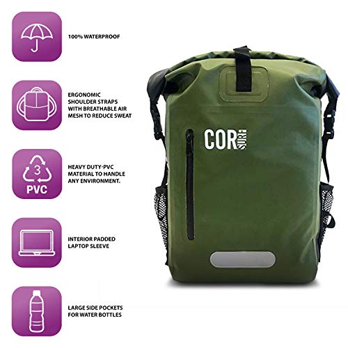 Cor Mochila de Bolsa Seca Impermeable con Funda Acolchada para portátil 25 & 40 litro Gris Verde (Verde, 25 L)