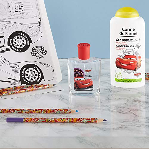 Corine de Farme - Caja de regalo | Cars de Disney | Perfume infantil de 50 ml | Gel de ducha infantil de 250 ml | dibujos para niños | lápices de colores | Fabricada en Francia