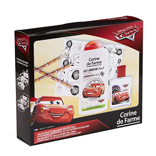 Corine de Farme - Caja de regalo | Cars de Disney | Perfume infantil de 50 ml | Gel de ducha infantil de 250 ml | dibujos para niños | lápices de colores | Fabricada en Francia