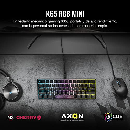 Corsair K65 RGB MINI Teclado Mecánico para Juegos 60% con Teclas ABS (Retroiluminación RGB Personalizable, Teclas CHERRY MX Red: Suave y Rápido, Tecnología AXON) Español QWERTY, Negro